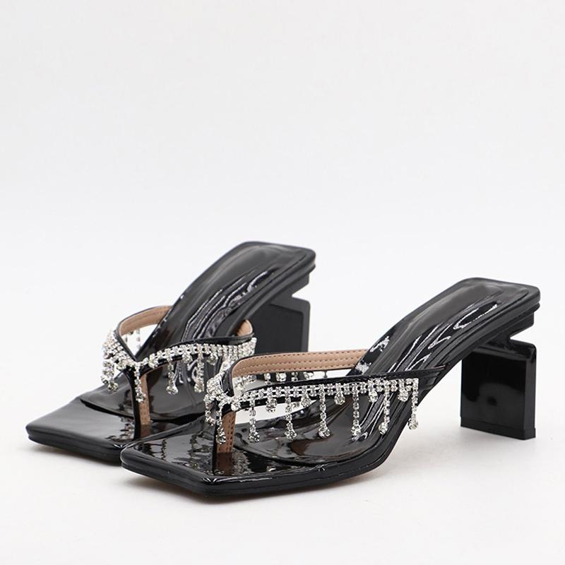 Liyke New Brand Strange High Heels Flip Flops Women Slippers Fashion Crystal Fringe V-Strap Sandals Shoes Mules Sliders