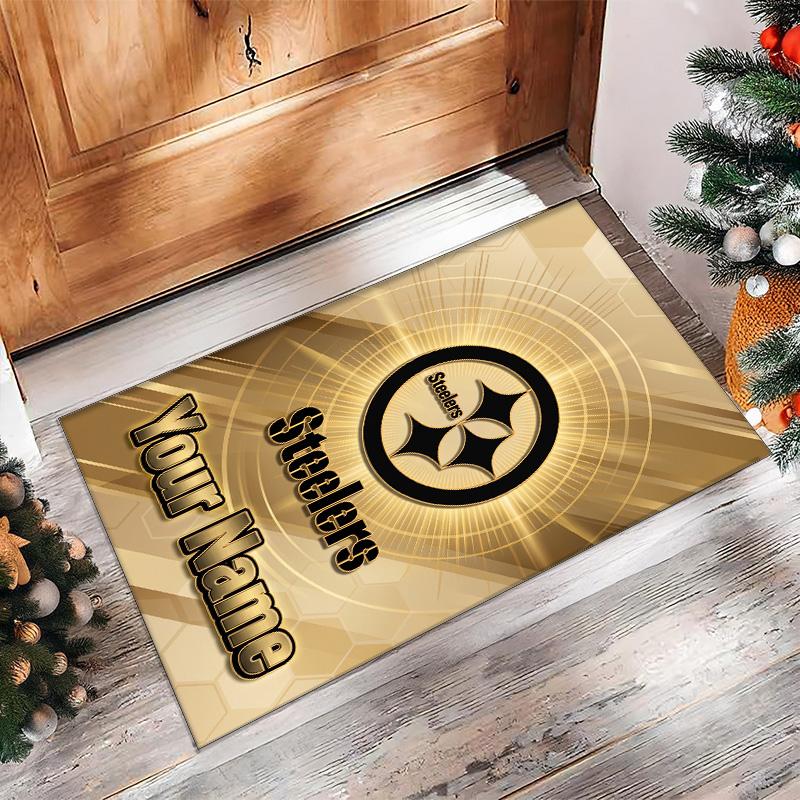 Pittsburgh Steelers Crystal Velvet Rug, Custom Name Text Personalized Non‑Slip Floor Mat for Home Decor Gift