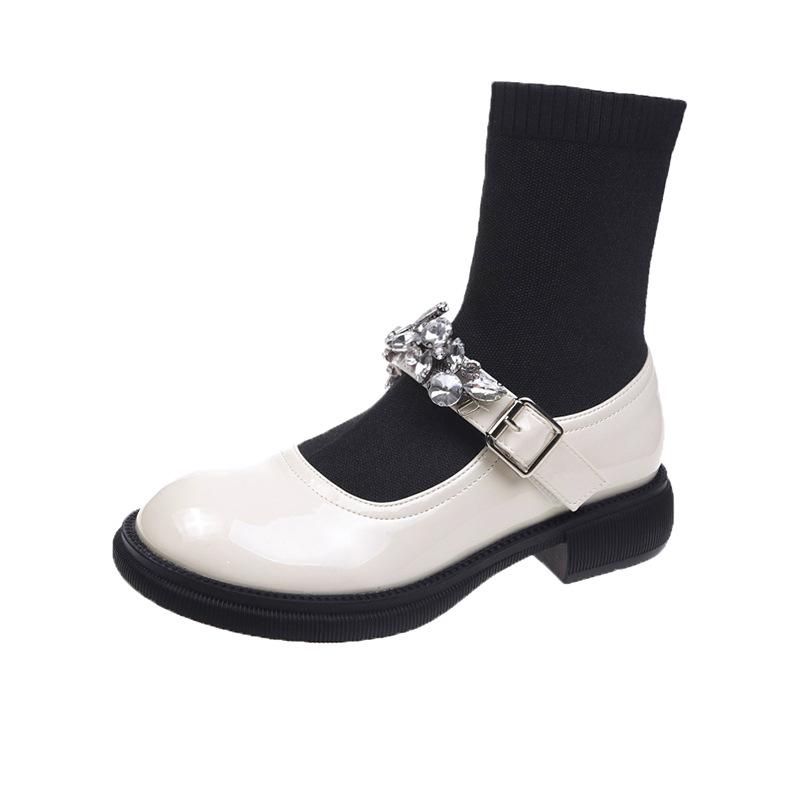 

Internet celebrity Mary Jane socks boots women spring and autumn 2025 new British style black knitted flat bottom thin short leather boots 40 белый