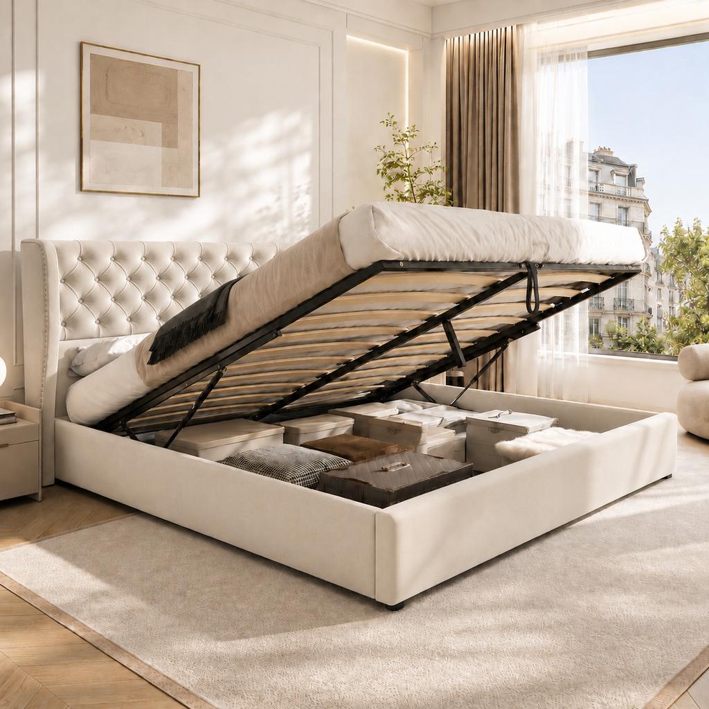 Upholstered Wingback Velvet Bed, Button Tufting, 180*200, Hydraulic Storage Bed, Slatted Frame, Underside Dirt-Repellent Black Non-Woven Fabric, Beige