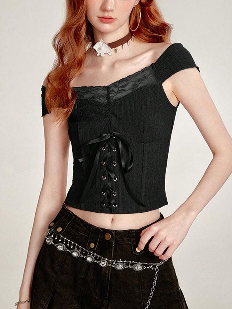 

2025 European American Women s Romantic Lace One-Shoulder Slim Top Large чорний