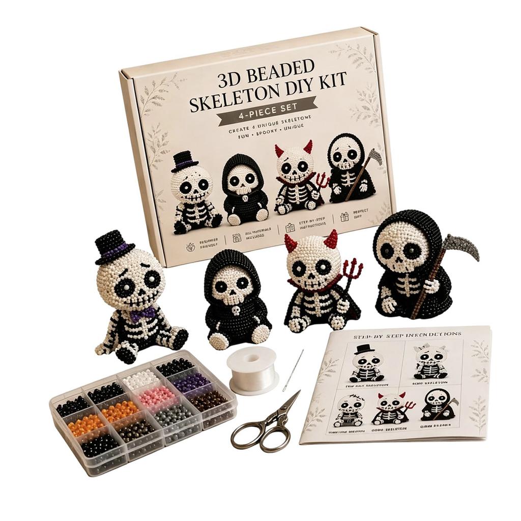 4Pcs Cute Skeleton Bead Craft Set Beginner-Friendly Handmade Skeleton Figurine Making Kit for Teens Adults Home Decor Gift