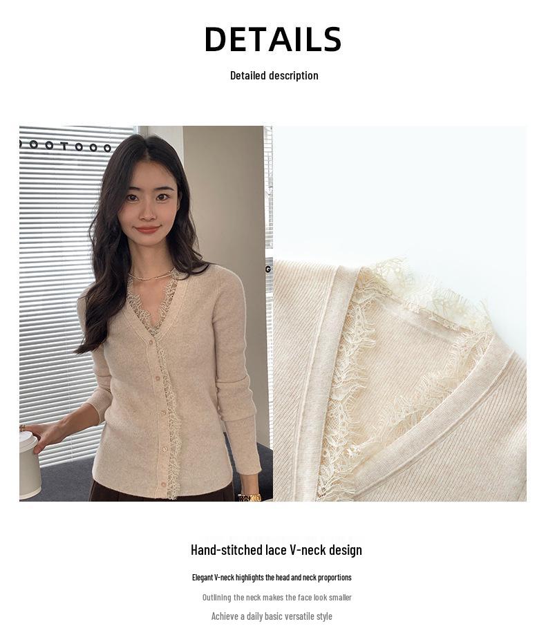 Women's V-Neck Lace Trim Cashmere Cardigan - Long Sleeve Knit Sweater for Autumn and Winter