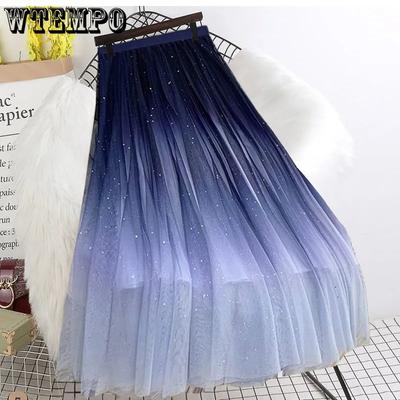 Blauer Sternenhimmel-Farbverlaufs-Netzrock mittlerer Länge Damen-Faltenrock mit elastischer Taille Fantasy-Märchen Frühling und Sommer