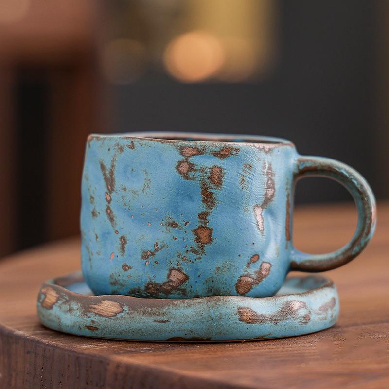 Rough Pottery Kiln Change Cup and Saucer Set Irregular Wabi-Sabi Ceramic Mug for Coffee Tea Home Bar Rustic Home Decor Gift