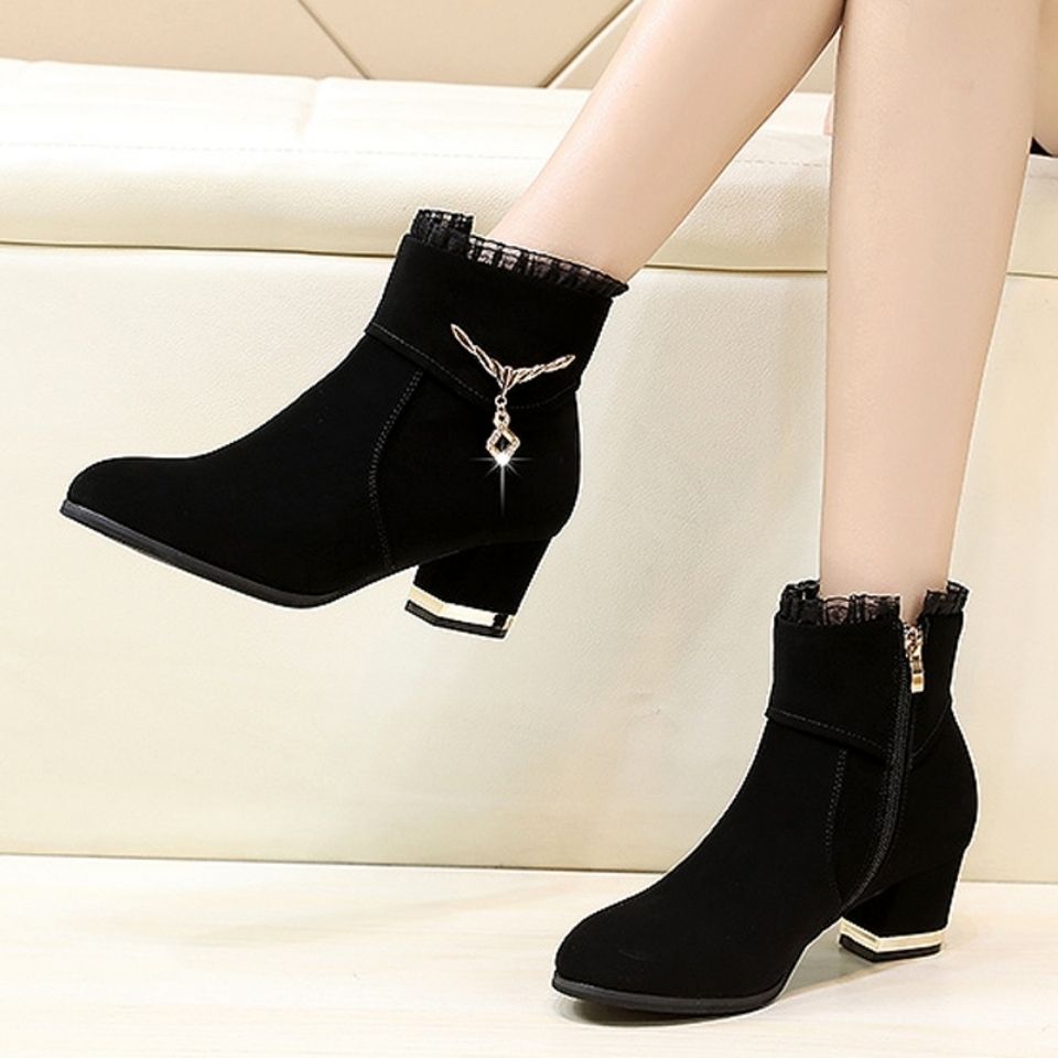 Fashion Rhinestone Woman Short Shoes Suede Chunky Heel Fashion  Booties