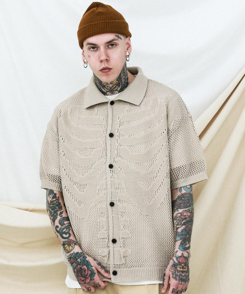 Stage Name Skeleton Short Sleeve Knit Shirt Cardigan_Sand Beige