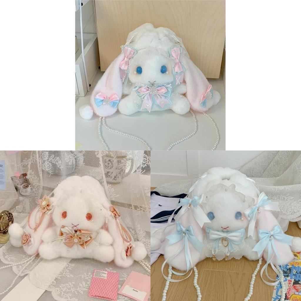 Japanese Lolita Bunny Plush Bag With Pearl Chain For Daily Fashion And Cute Storage