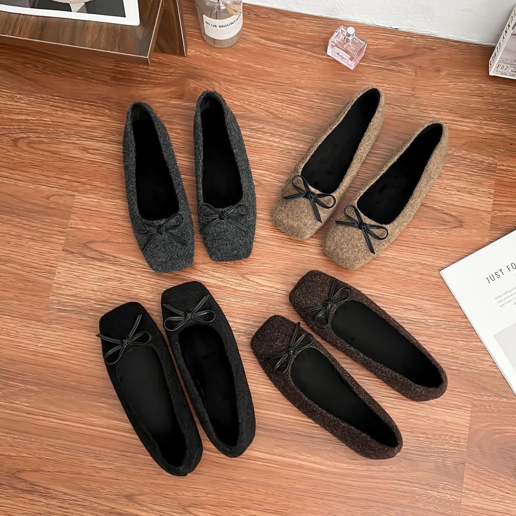 Grape mother spring new bow square head shallow mouth single shoes women 2025 Korean version soft surface flat casual shoes women