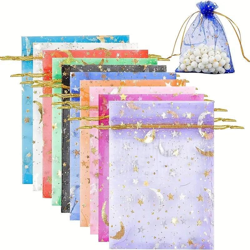 100 Moon Star Gauze Bags, Wedding Gift Bags with Drawstrings, Small Mixed-color Gift Bags, Party Gift Bags