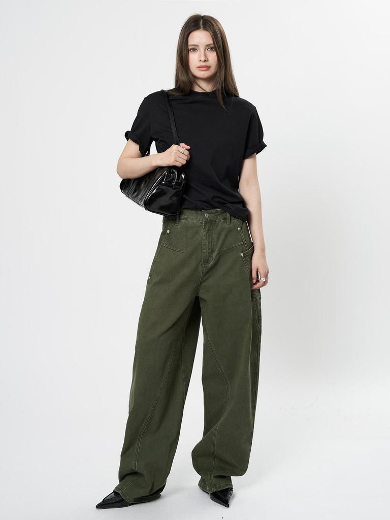 Louvre Spring Retro Low-Waist Loose-Fit Slim Green Women's Overalls