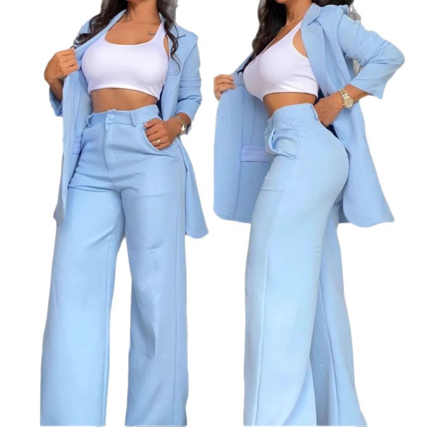 2025 Damski Letni Elegancki Garnitur w Jednolitym Kolorze z Rozcięciem na Rękawie, Klapami i Spodniami z Prostą Nogawką