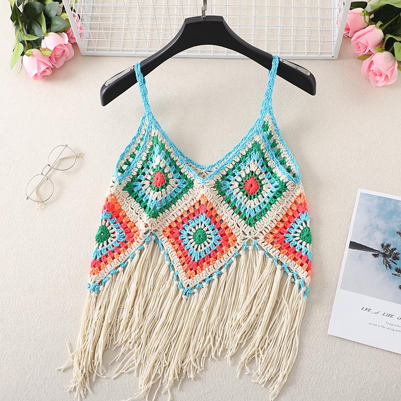 Summer Women's Camisole Ethnic Style Halter Pure Handmade Crochet Top Halter Bohemian Tassel Travel Holiday Vest