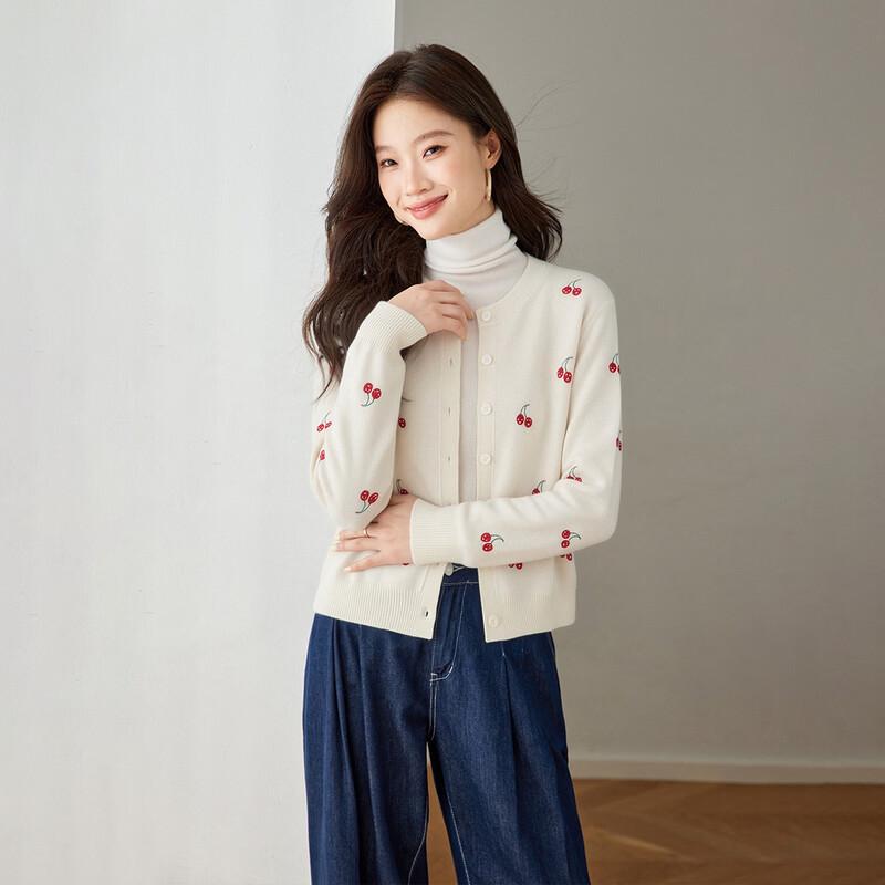 Shexi Women's Pure Cashmere Cherry Jacquard Cardigan