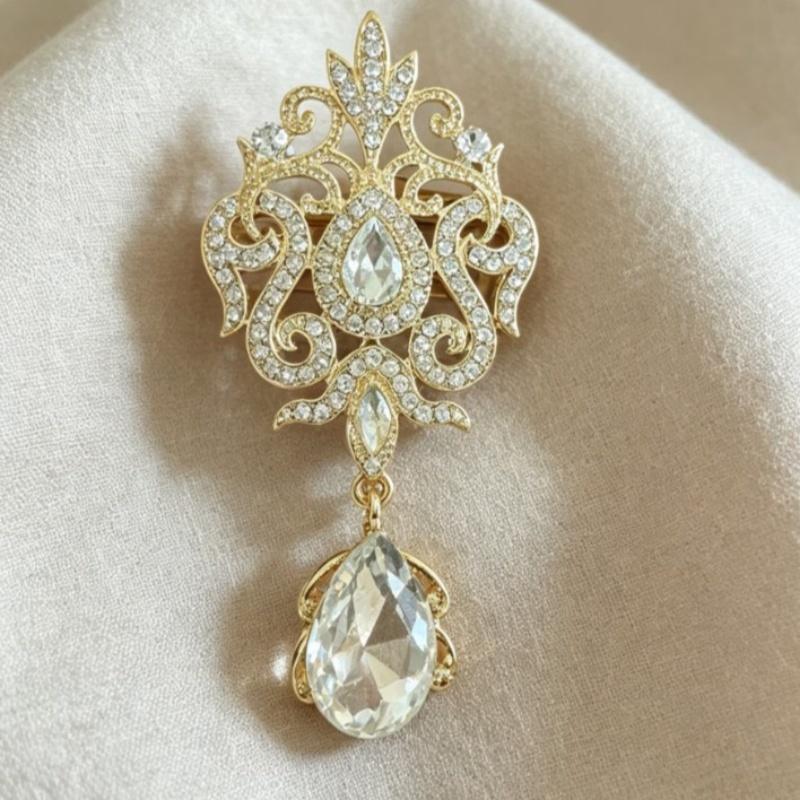 Chic Vintage Crystal Brooch Gold Silver Color Delicate Lapel Pin for Women Date Outfit Wedding Banquet Dress Matching