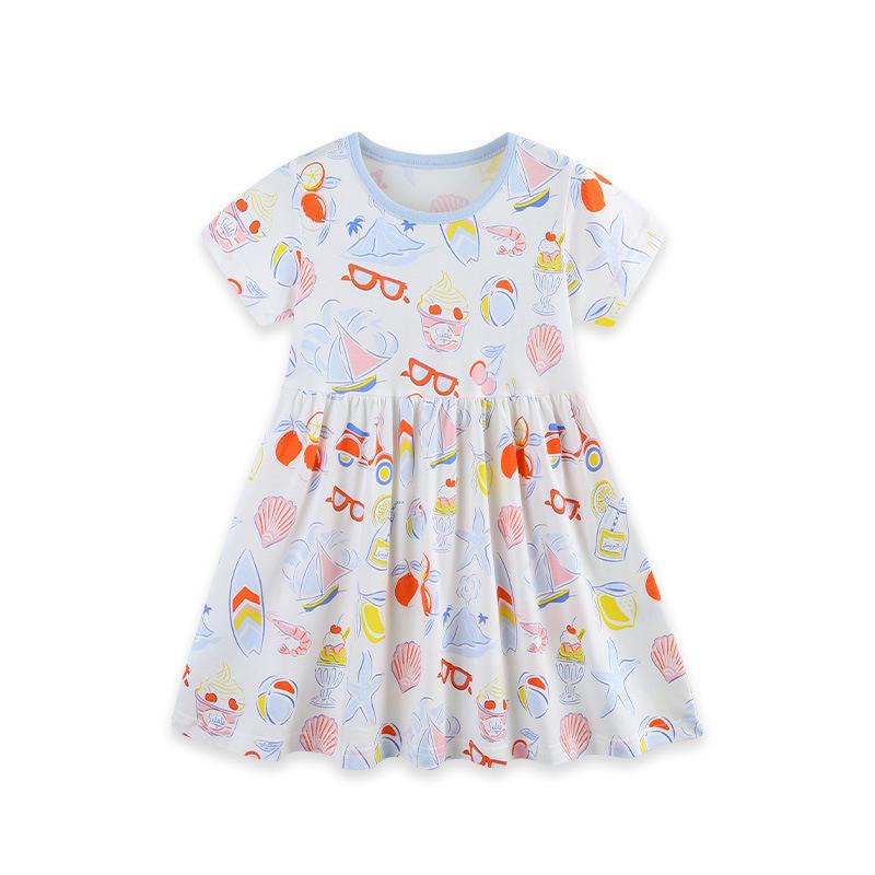 

Summer New Arrivals: Girls Dresses Adorable Printed Short-Sleeved Princess Dresses Knitted Cotton Dresses for Younger Children 7Y(125cm