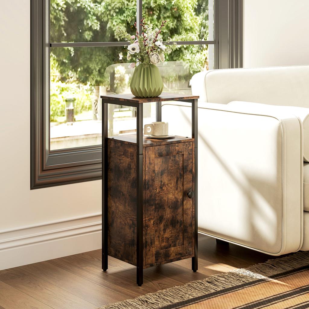 Side Table with Storage, 2 Open Shelves, 3-Level Adjustable, Magnetic Door, Brown