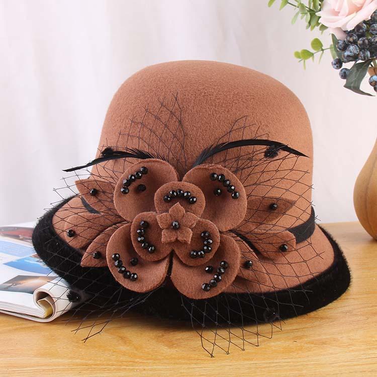 2023 European And American Woolen Top Hat Bucket Hat Women'S Handmade Mesh Flower Felt Hat Autumn And Winter Warm Basin Hat