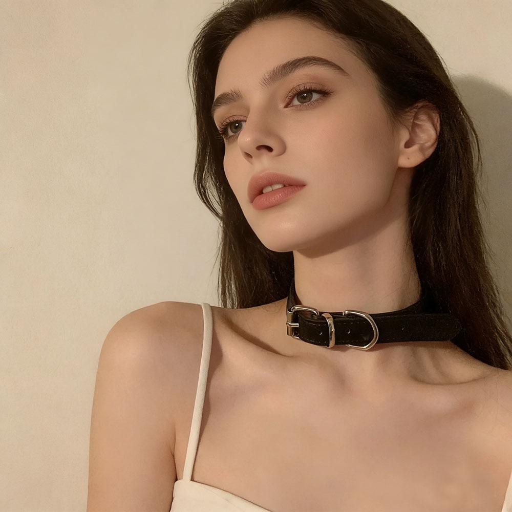 Gothic Belt Buckle Neckchain Necklace Punk Dark Stackable Leather Necklaces for Men Women Choker Jewelry