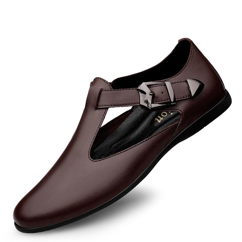 

Кожаная обувь полая дышащая деловая повседневная обувь платье с острым носком летние сандалии резиновая нескользящая плоская подошва 45