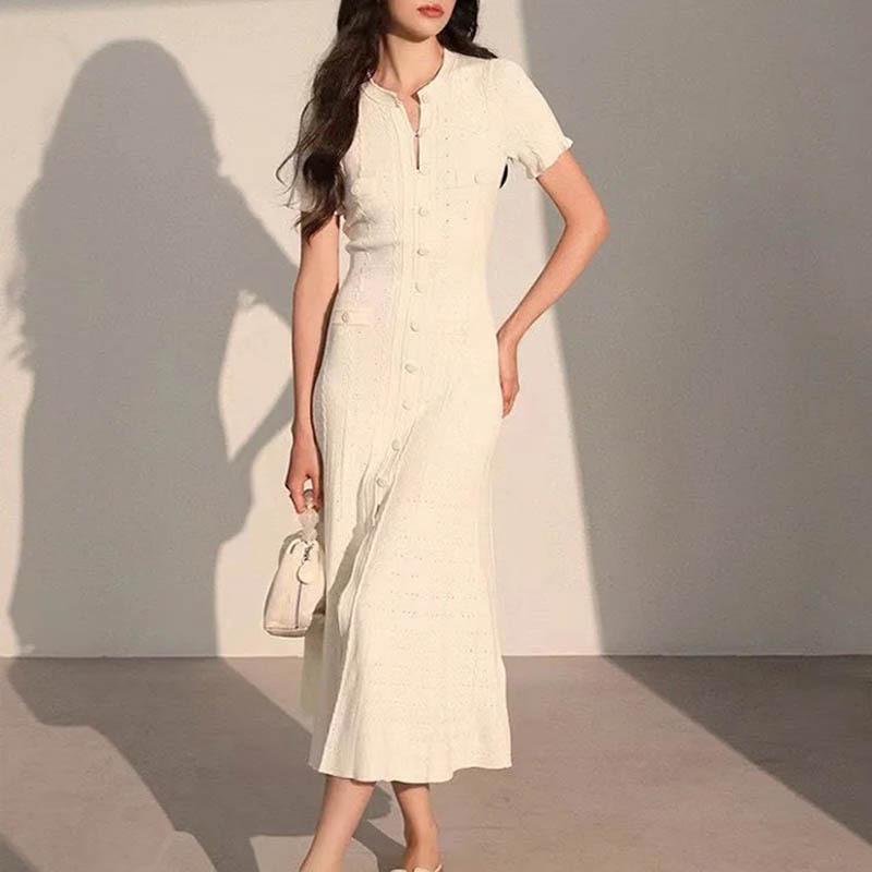 Modern Cross-Border Knitted Split Dress: Short-Sleeve, Hollow-Out, Single-Breasted, Waist-Cinching, Slimming Design