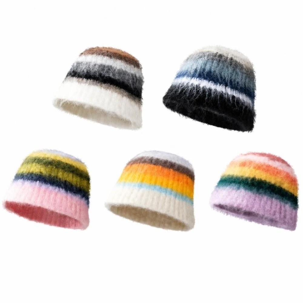 Colorful Knitted Bonnet Hat Soft Cotton Crochet Beanie Hat New Striped Knitted Hat  Unisex