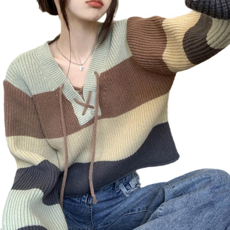 2025 Autumn Hong Kong Style Color Block Lace-Up Striped Knitted Pullover Sweater for Women