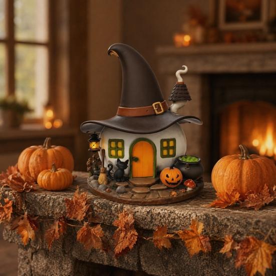 Halloween Witch House Ornament, Decorative Desktop Halloween Ornaments with Black Cats Pumpkin Lanterns Magic Brooms for Party Table Decorations and