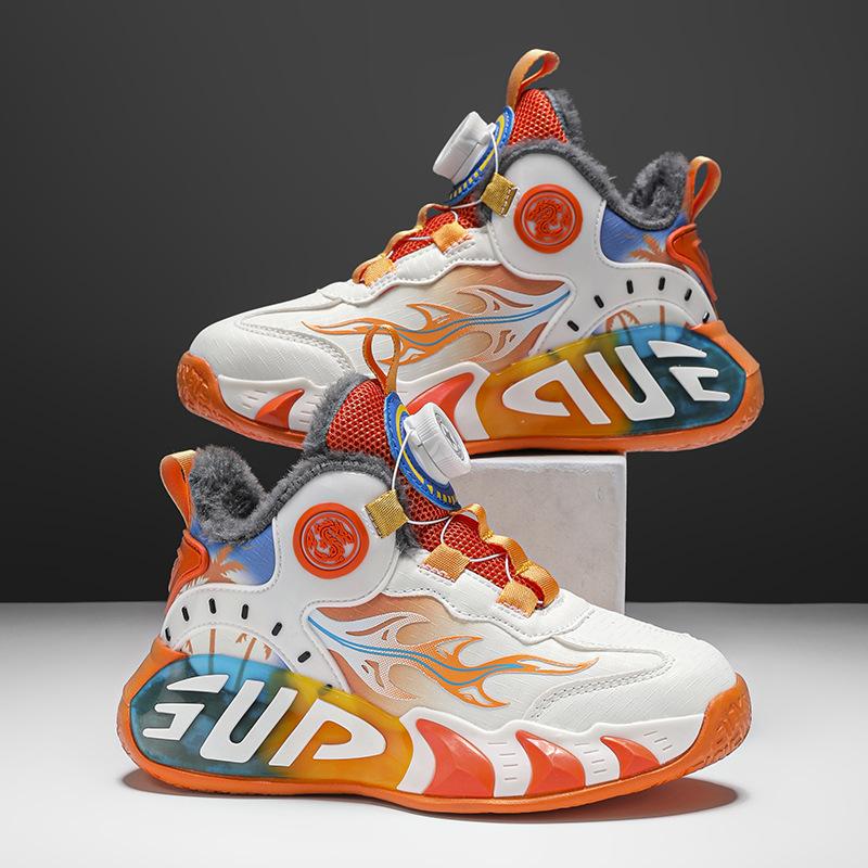 2025 winter new children's cotton shoes, velvet warm and cold-proof boys and girls basketball shoes, rotating buckle student sports shoes