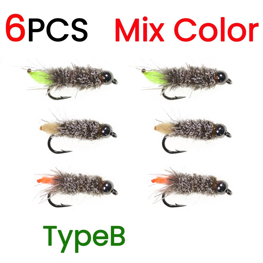 6 Stück #12 Widerhaken Hasenohr & Hirschhaar Dubbing Köcherfliegenlarve Nymphenfliegen mit 3,2mm Messingkopf Forelle Barsch Steelhead Angelköder