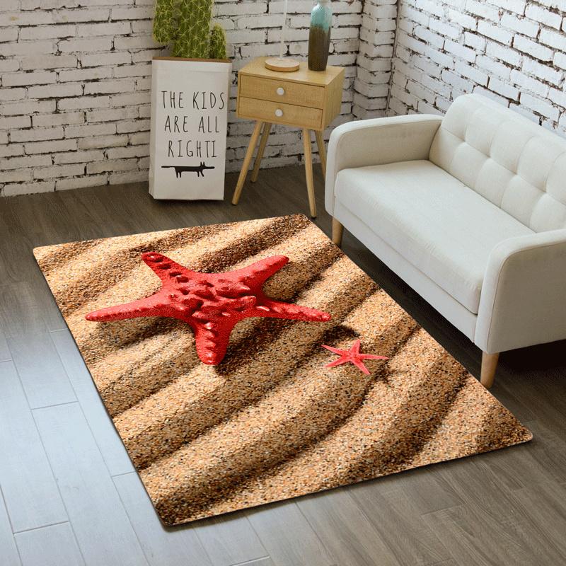 Coastal Theme Rectangular Rug Various Sea Shells Starfish Sandy Beach Pattern Soft Non Slip Carpet for Living Room Bedroom Decor