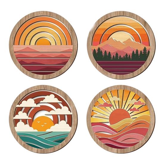 Retro Sunset Landscape Wall Art 4Pcs Boho Art, Abstract Round Hanging Ornaments, Modern Home Decor for Cafe Wooden Living Room Bedroom Hallway Office
