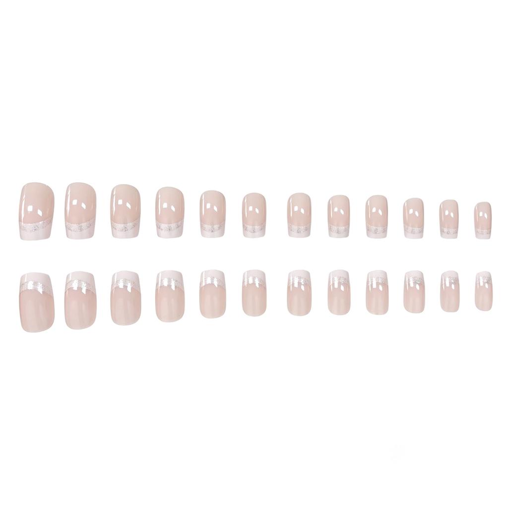 24 Nail Art Nude White Edge Double French Silver Glitter Craft Medium And Long Square Wearing Nail