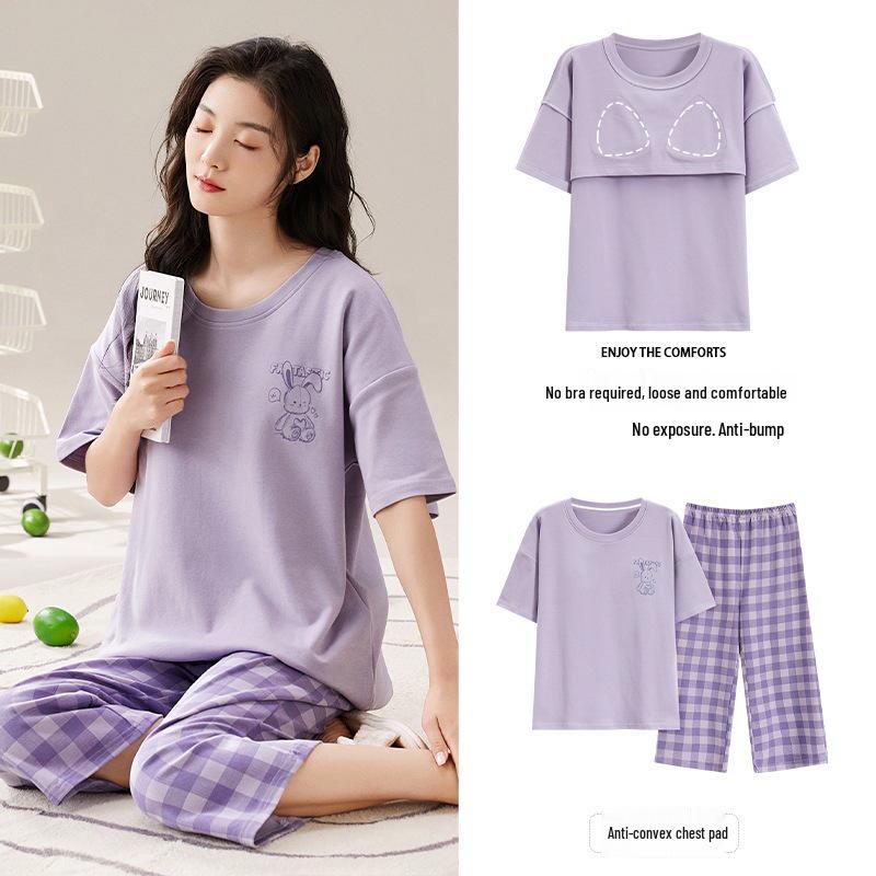 2025 Women's Summer Capri Pajama Set: Short-Sleeve, Thin Cotton with Breast Pads, Versatile for Home or Outside Wear