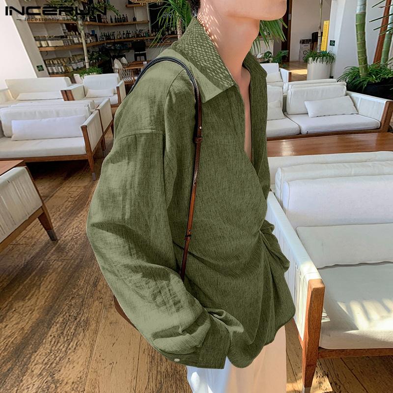 INCERUN Oversized Men Lapel Neck Long Sleeve Side Button Irregular Casual Shirts