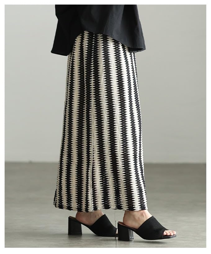 la Summer crochet knit long skirt for Long length skirt with elastic openwork relaxed Free Size Black Stripe [sawa á mode] mood-enhancing women.