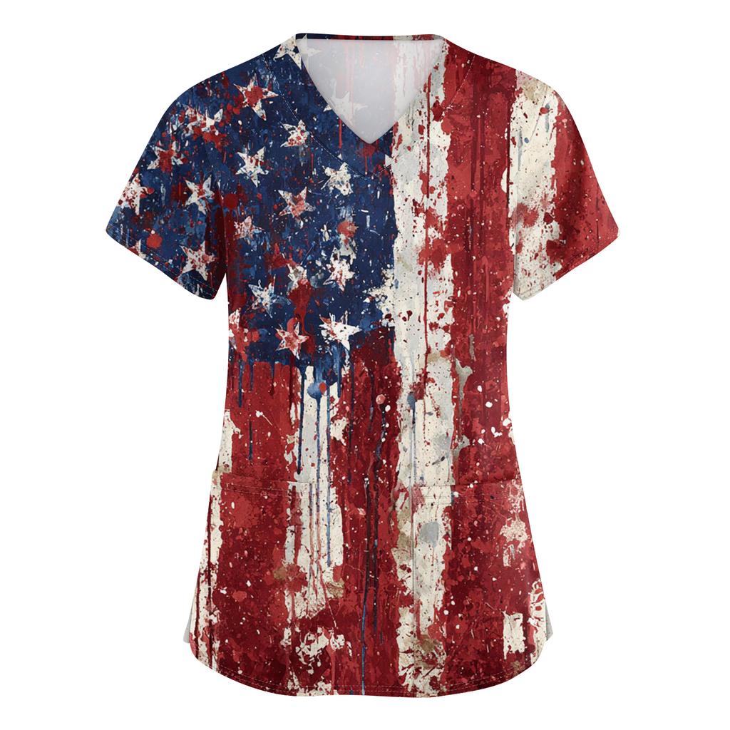 Women's Fashionable V-Neck Short-Sleeved Work Top With Pockets And Independence Day Print  Uniform