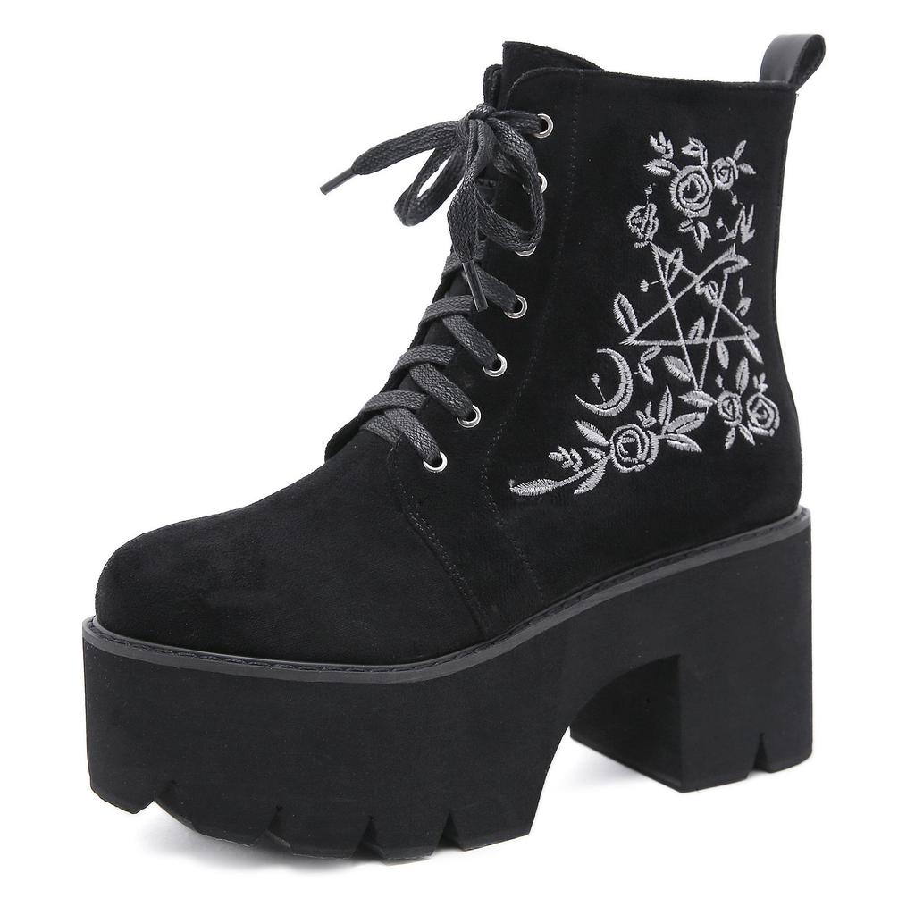 Moda kwiat gwiazda buty na platformie masywny obcas Punk zamszowe damskie gotyckie buty klub nocny zasznurować zamek błyskawiczny z tyłu