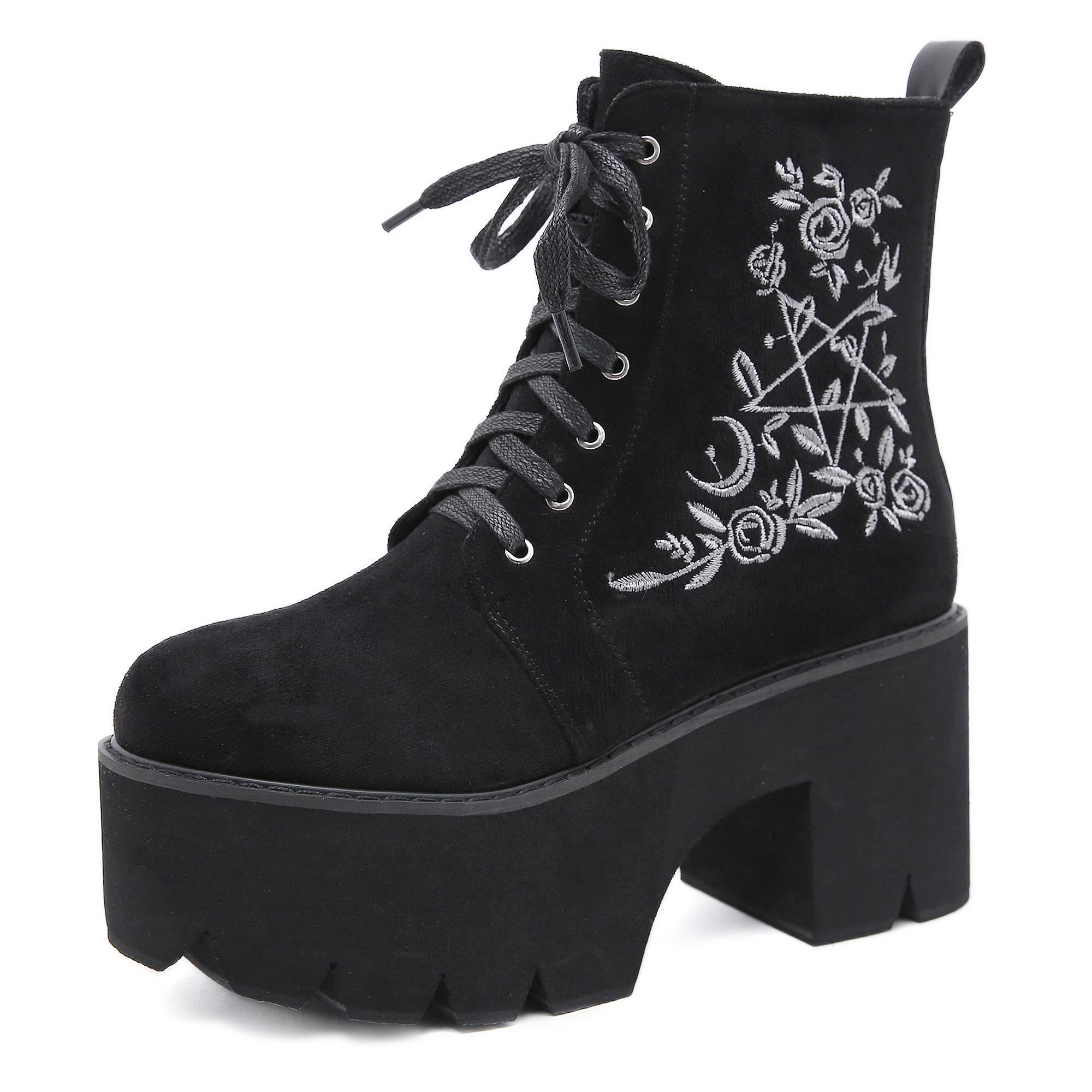 Móda Flower Star Čižmy na platforme Robustný podpätok Punk Semiš Koža Dámske Gotické Topánky Nočný klub Šnurovanie vzadu Zips 43 čierna