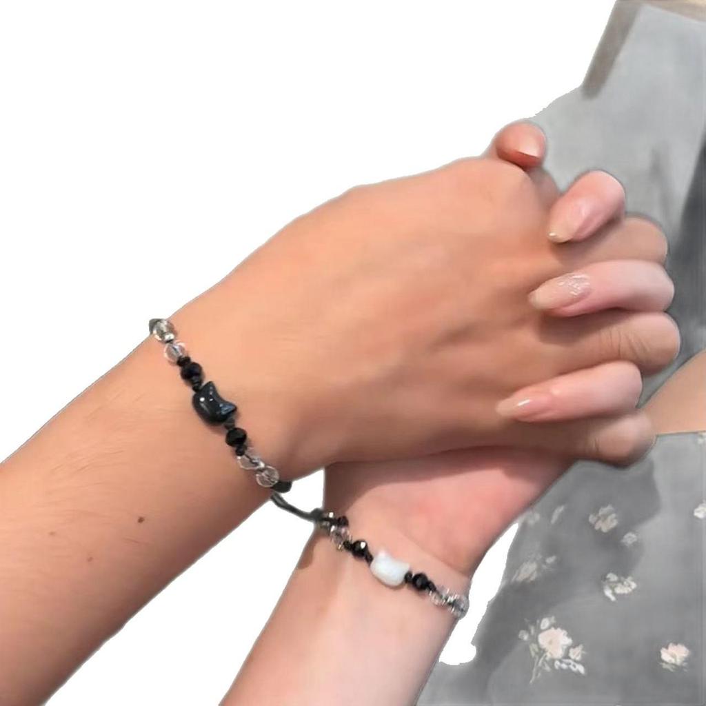 Handmade Black & White Cat Couple Bracelet: Exquisite Braided Design, Versatile & Simple for Special Occasions