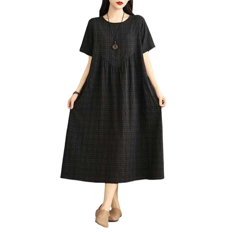 Summer cotton and linen round neck short sleeved dress for women
