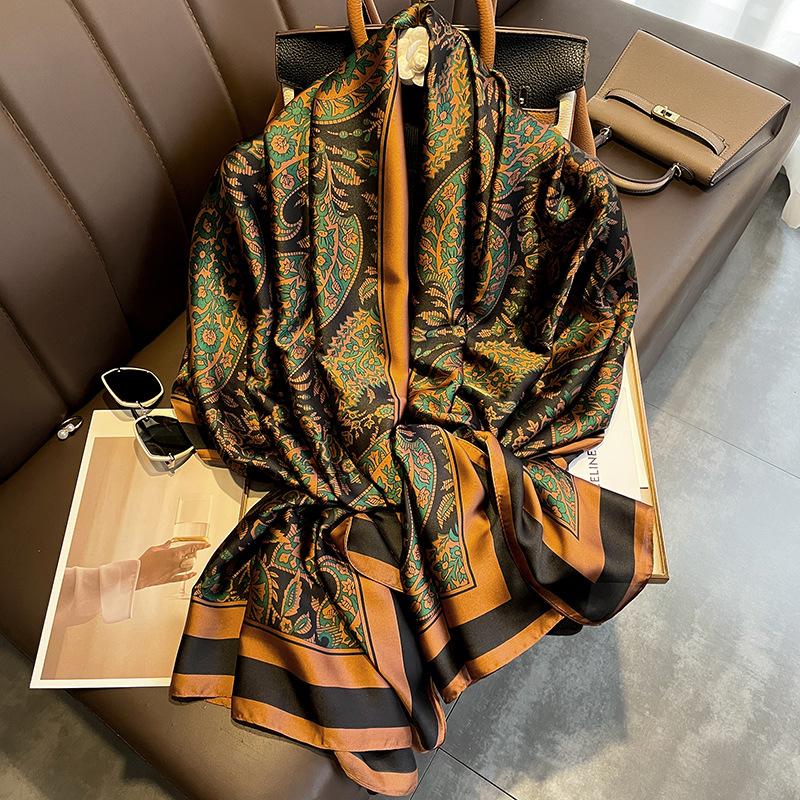 Printed Satin Shawl Geometric Cashew Polyester Scarf For Women Fashion Outdoor Sun Protection Cape 180*85Cm