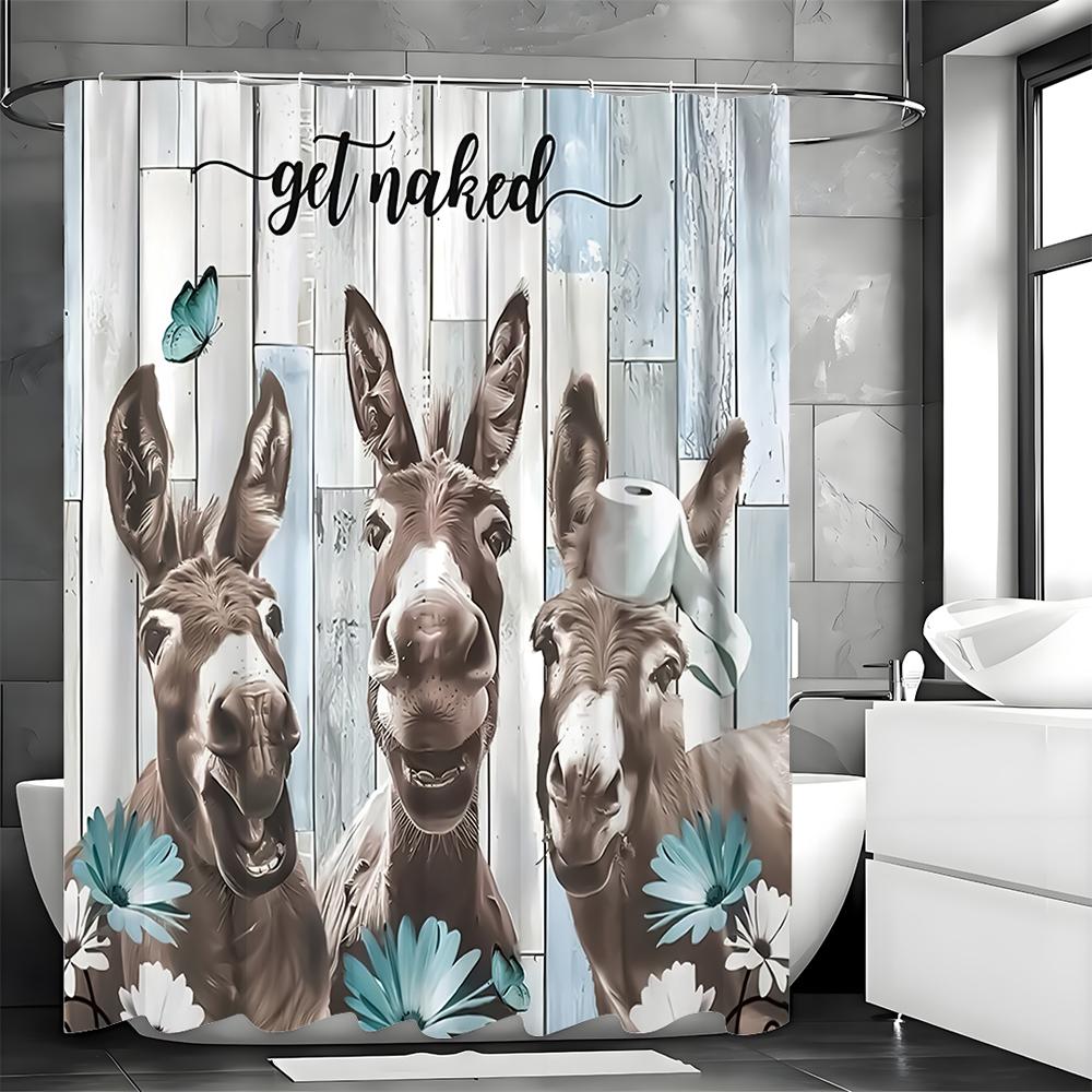 Funny Donkey Floral Shower Curtain, Bathroom Decorative Shower Curtain, Waterproof Shower Curtain with Hooks