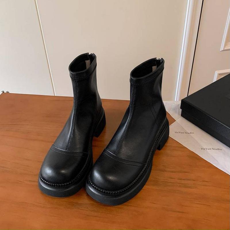 Autumn and winter women's leather boots zipper large size women's boots medium heel non-slip soft sole thick sole low boots cowhide knight boots women
