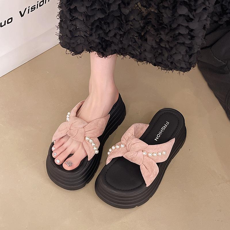 Pearl cross cool slippers women's summer wear popular new round head with skirt thick-soled beach slippers