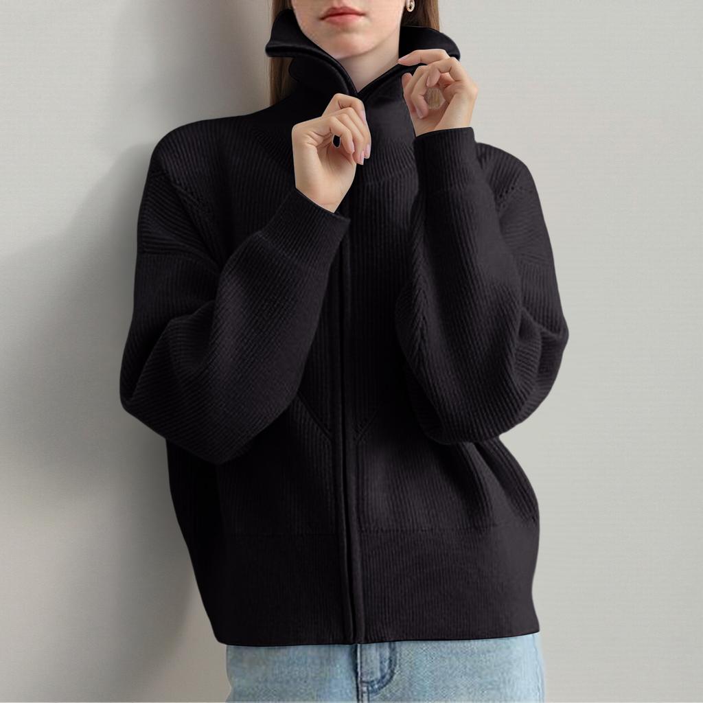 Women's Fashion Casual Navy Collar Long Sleeve Cropped Top Lazy Style Zipper Knitted Cardigan Sweater Jacket