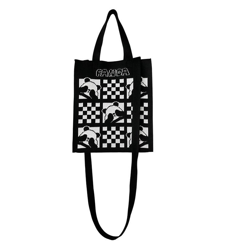 Black & White Checkered Panda Knitted Tote Handbag - Versatile, Large Capacity, Portable Shoulder Bag for Women.
