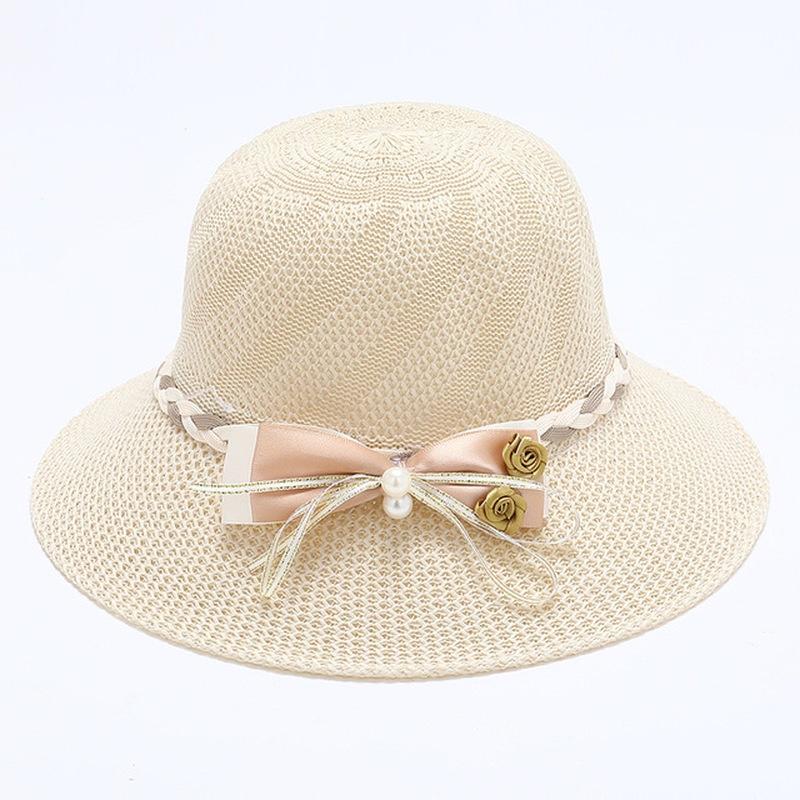 Chapeau de Paille Femme Mode Nœud Fleur Perles Été Grand Bord Chapeau de Plage Extérieur Pliable