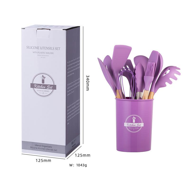 Food Grade Silicone Kitchenware 12 Piece Set High Temperature Resistant Wooden Handle Set With Storage Tube Kitchen Tools