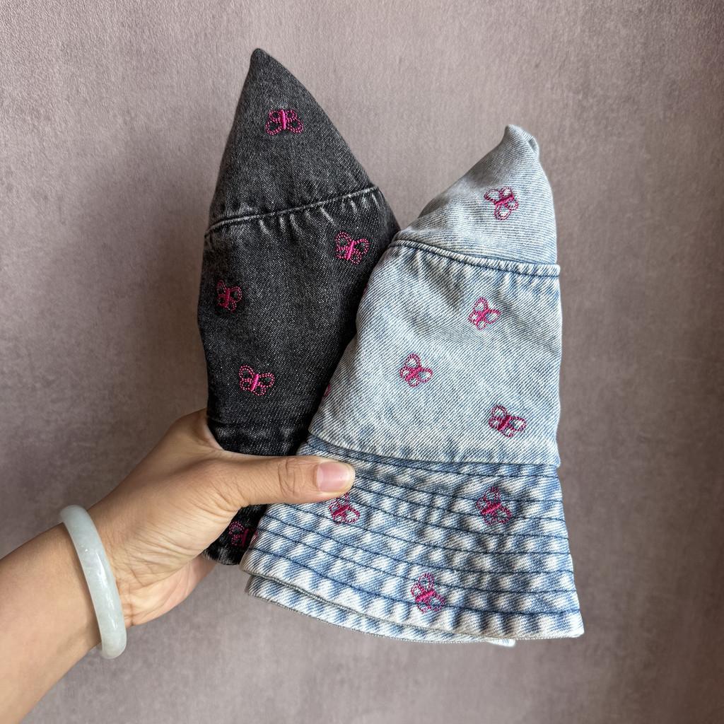 Bucket Summer Sunshade Hat Cotton Denim Material And Embroidered Cartoon Women